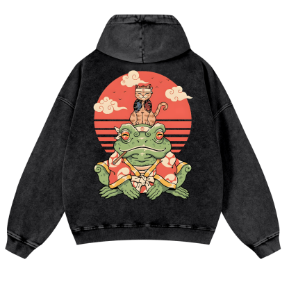 Cat And Frog Vintage Washed Cotton Back Art Hoodie