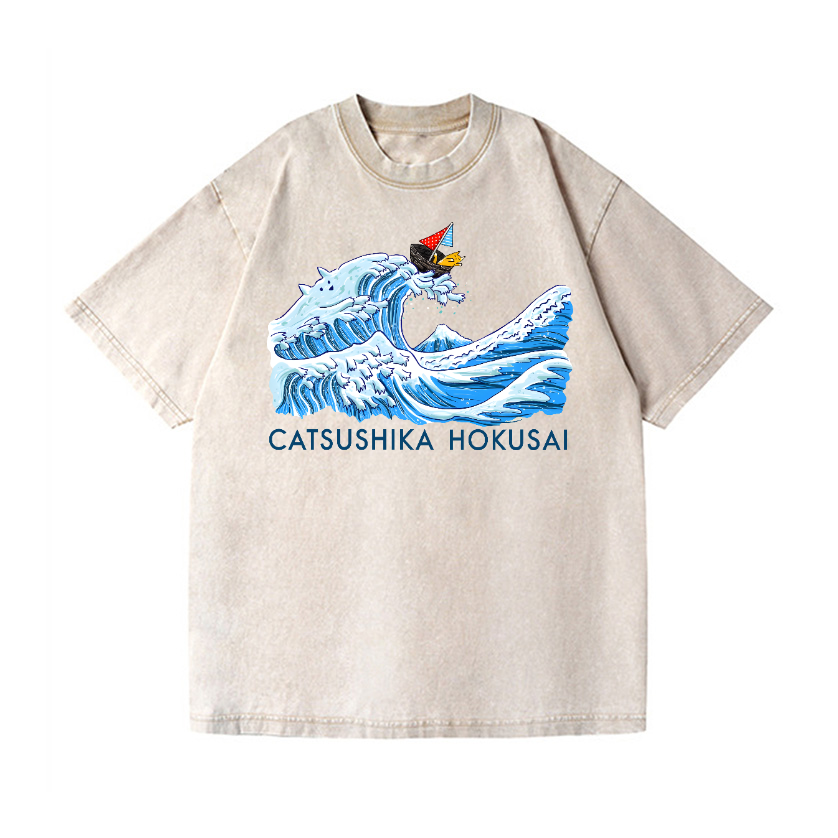 Catsushika Hokusai Cat Wave Vintage Wash Japanese Design T-Shirt