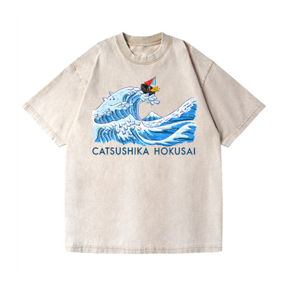 Catsushika Hokusai Cat Wave Vintage Wash Japanese Design T-Shirt