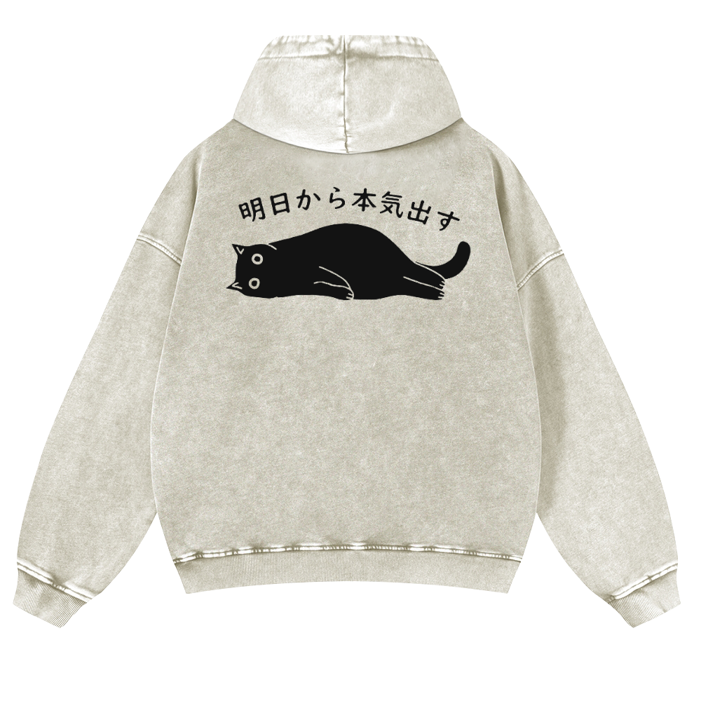 Cat Vintage Washed Cotton Back Art Hoodie