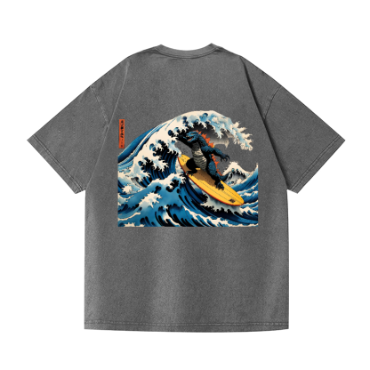 Surfing Godzilla Vintage Wash Japanese Design Back Art T-Shirt