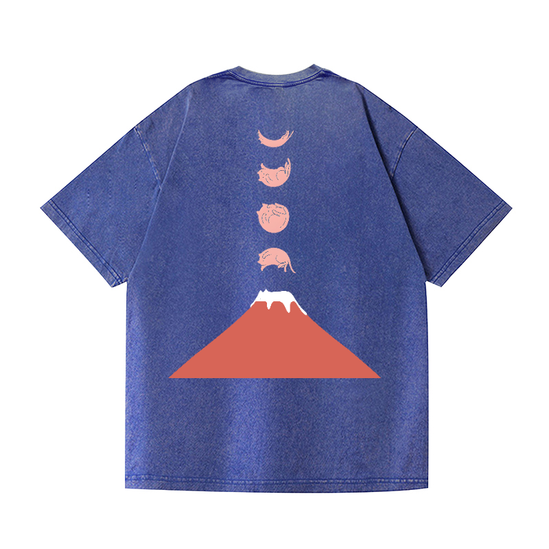 Cat Mount Fuji Vintage Wash Japanese Design Back Art T-Shirt