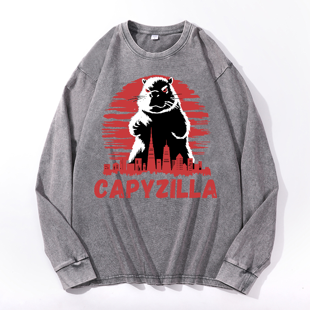 Capybara Godzilla Capyzilla Vintage Cotton Wash Crewneck Sweatshirt