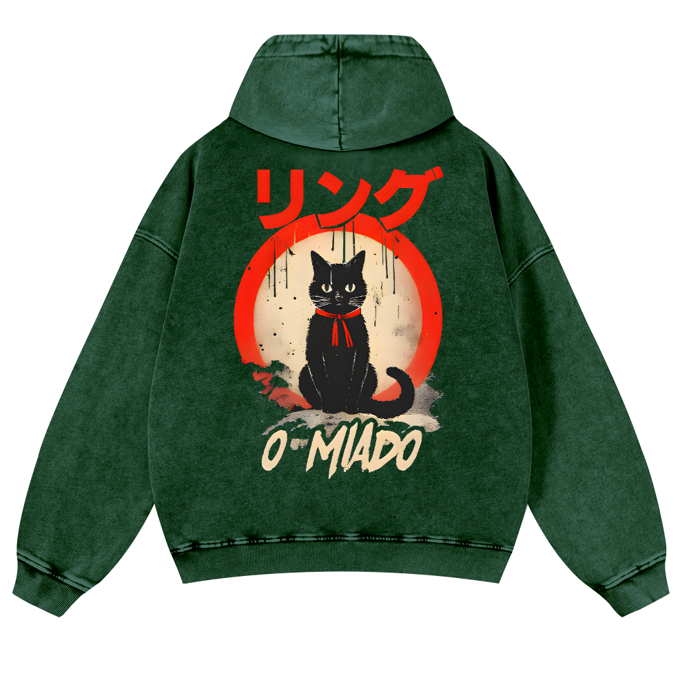 Black Cat Vintage Washed Cotton Back Art Hoodie
