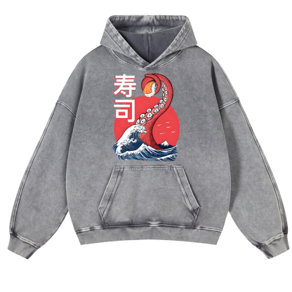 Sushi Octopus Vintage Washed Thick Cotton Hoodie