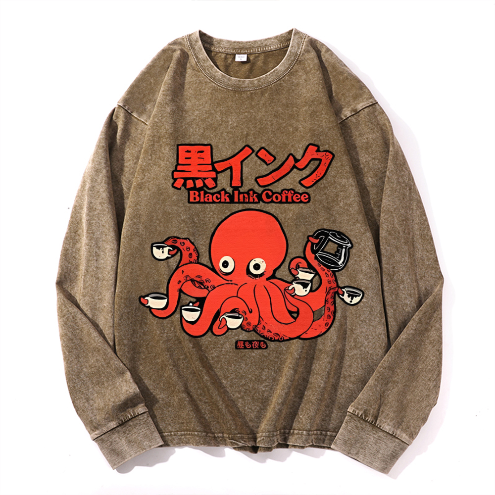 Octopus Coffee Vintage Cotton Wash Crewneck Sweatshirt