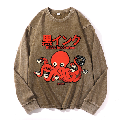 Octopus Coffee Vintage Cotton Wash Crewneck Sweatshirt