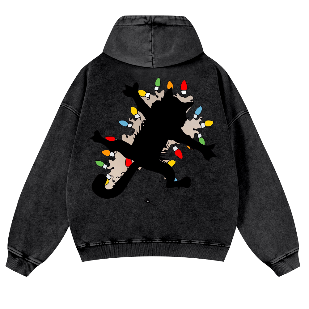 Cat Silhouette and Colorful Bulbs Vintage Washed Cotton Back Art Hoodie