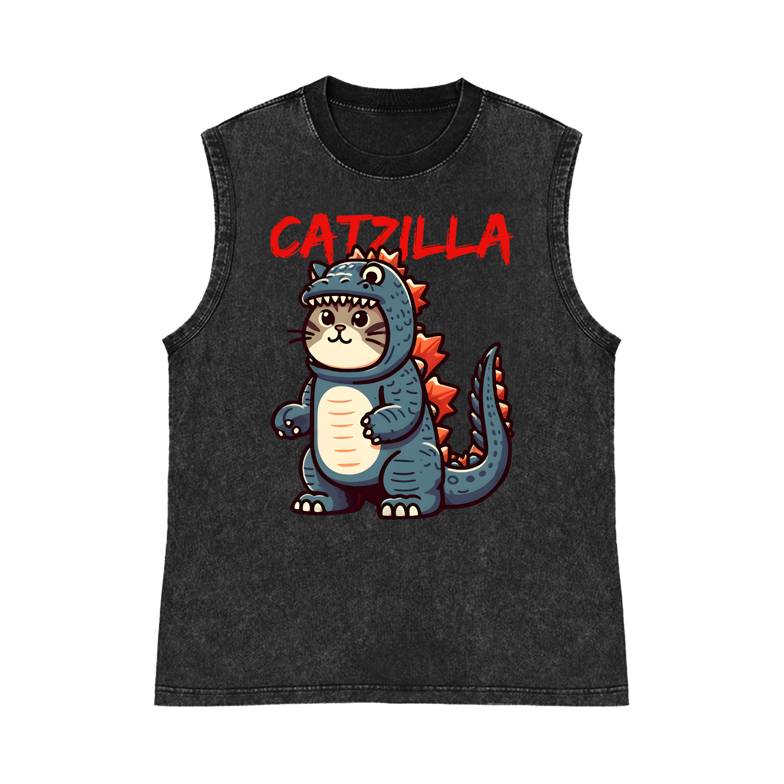 Catzilla Cat Godzilla Pure Cotton Wash-Dyed Sleeveless Tank Top