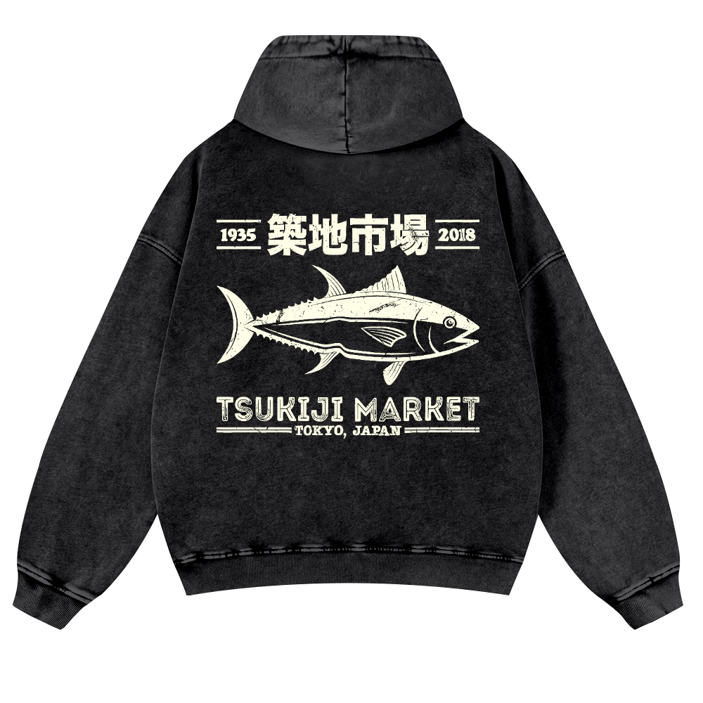 Tsukiji Market Tokyo Japan Fish Vintage Washed Cotton Back Art Hoodie