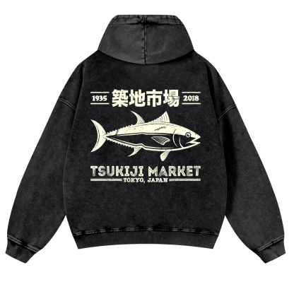 Tsukiji Market Tokyo Japan Fish Vintage Washed Cotton Back Art Hoodie