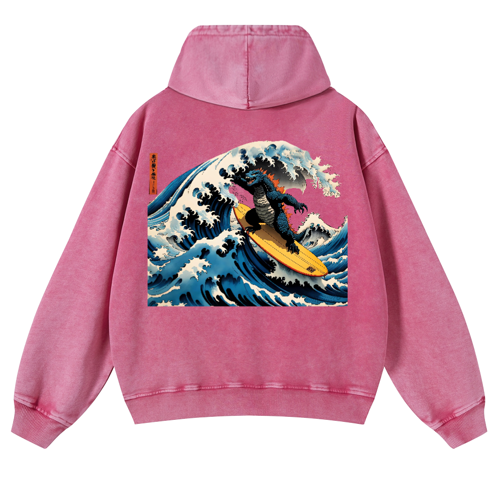 Godzilla Ukiyoe Wave Vintage Washed Cotton Back Art Hoodie