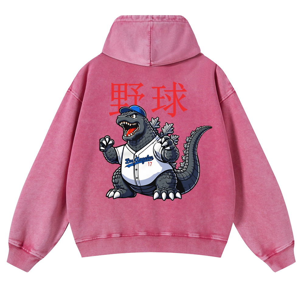 Godzilla Baseball Vintage Washed Cotton Back Art Hoodie