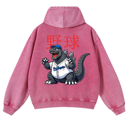 Godzilla Baseball Vintage Washed Cotton Back Art Hoodie
