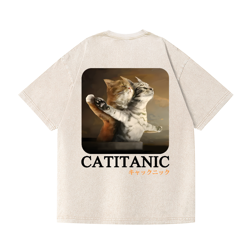 Catitanic Cat Vintage Wash Japanese Design Back Art T-Shirt