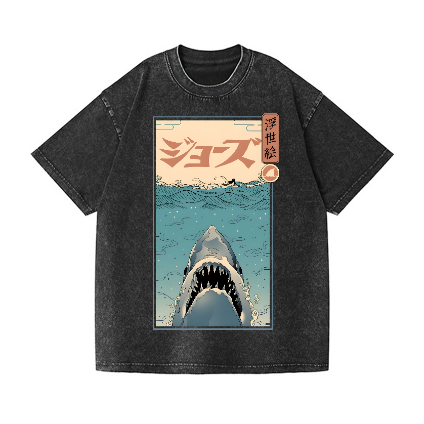 Ukiyoe Shark Jaws Vintage Wash Japanese Design T-Shirt