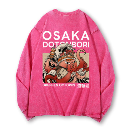 Osaka Dotonbori Drunken Octopus Vintage Washed Cotton Back Art Long-sleeve T-shirt
