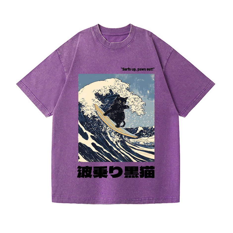Black Cat Great Wave Vintage Wash Japanese Design T-Shirt