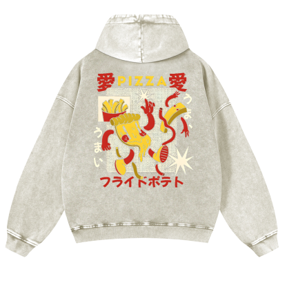 Japanese Pizza and French Fries Vintage Washed Cotton Back Art Hoodie
