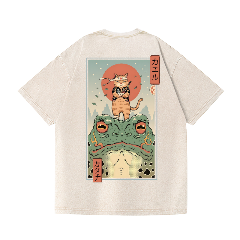 Samurai Cat VintaSge Wash Japanese Design Back Art T-Shirt