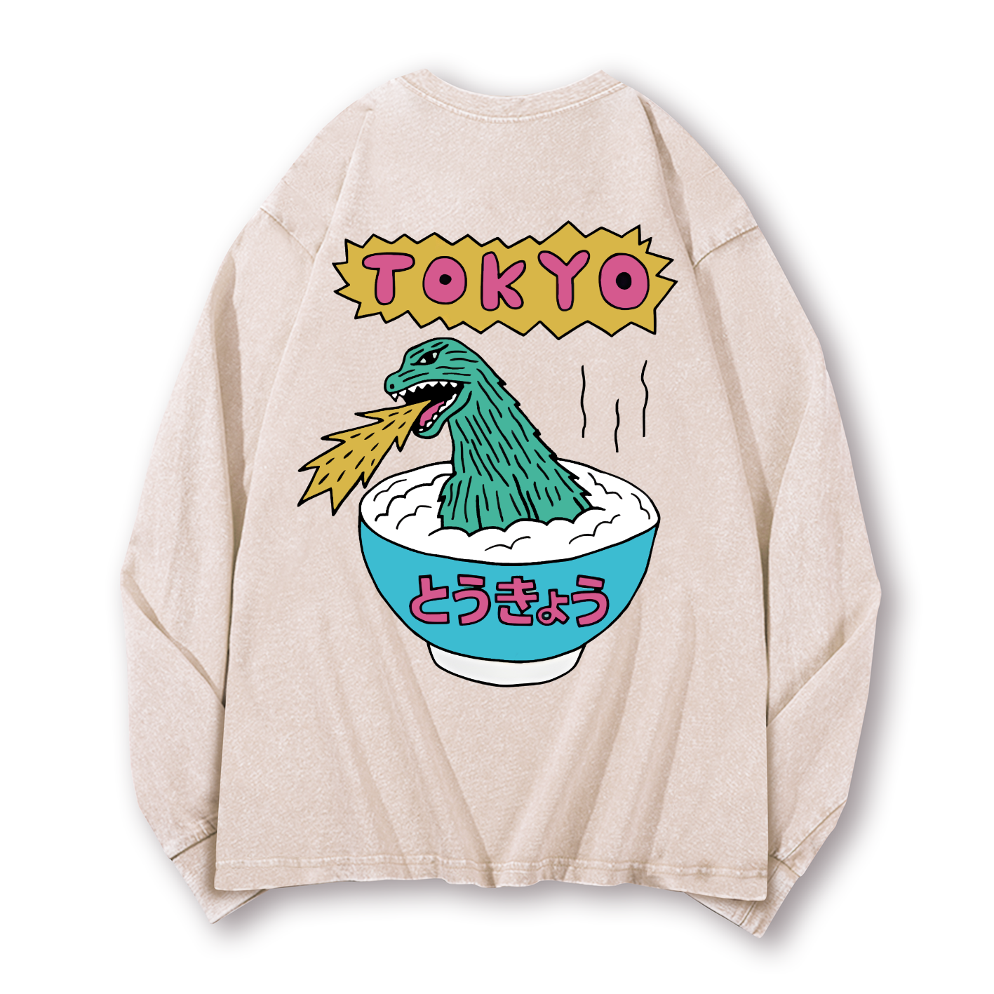 Godzilla The Monster Rice of Tokyo Vintage Washed Cotton Back Art Long-sleeve T-shirt