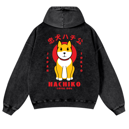 Hachiko Vintage Washed Cotton Back Art Hoodie