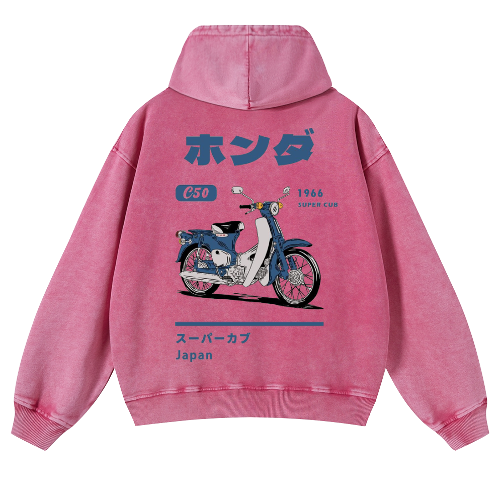 Honda C50 Super Cub Vintage Washed Cotton Back Art Hoodie