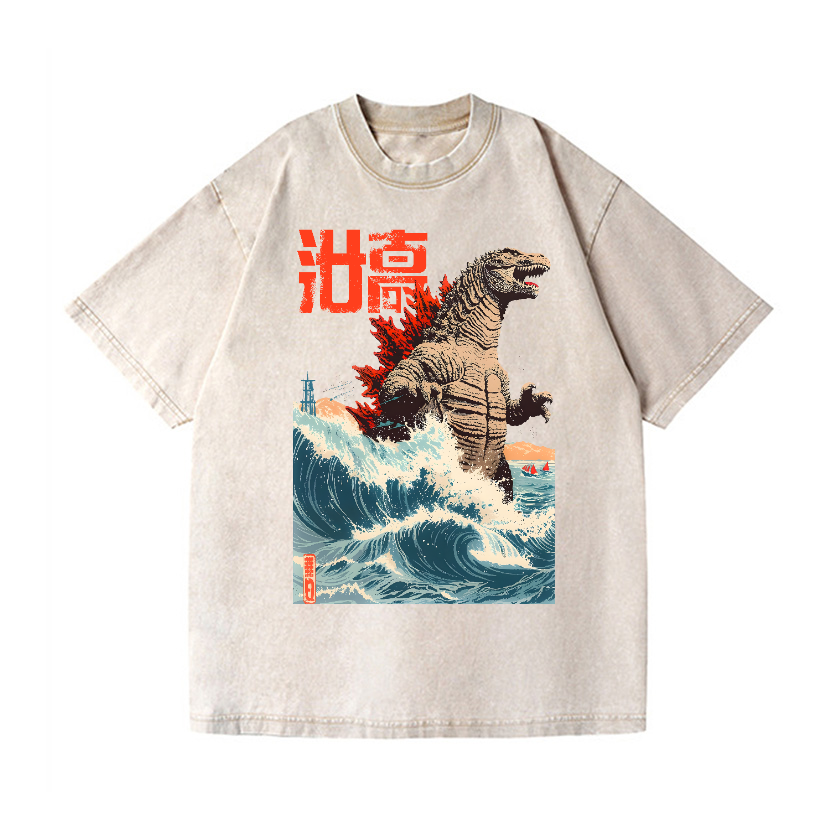 Godzilla Wave Vintage Wash Japanese Design T-Shirt