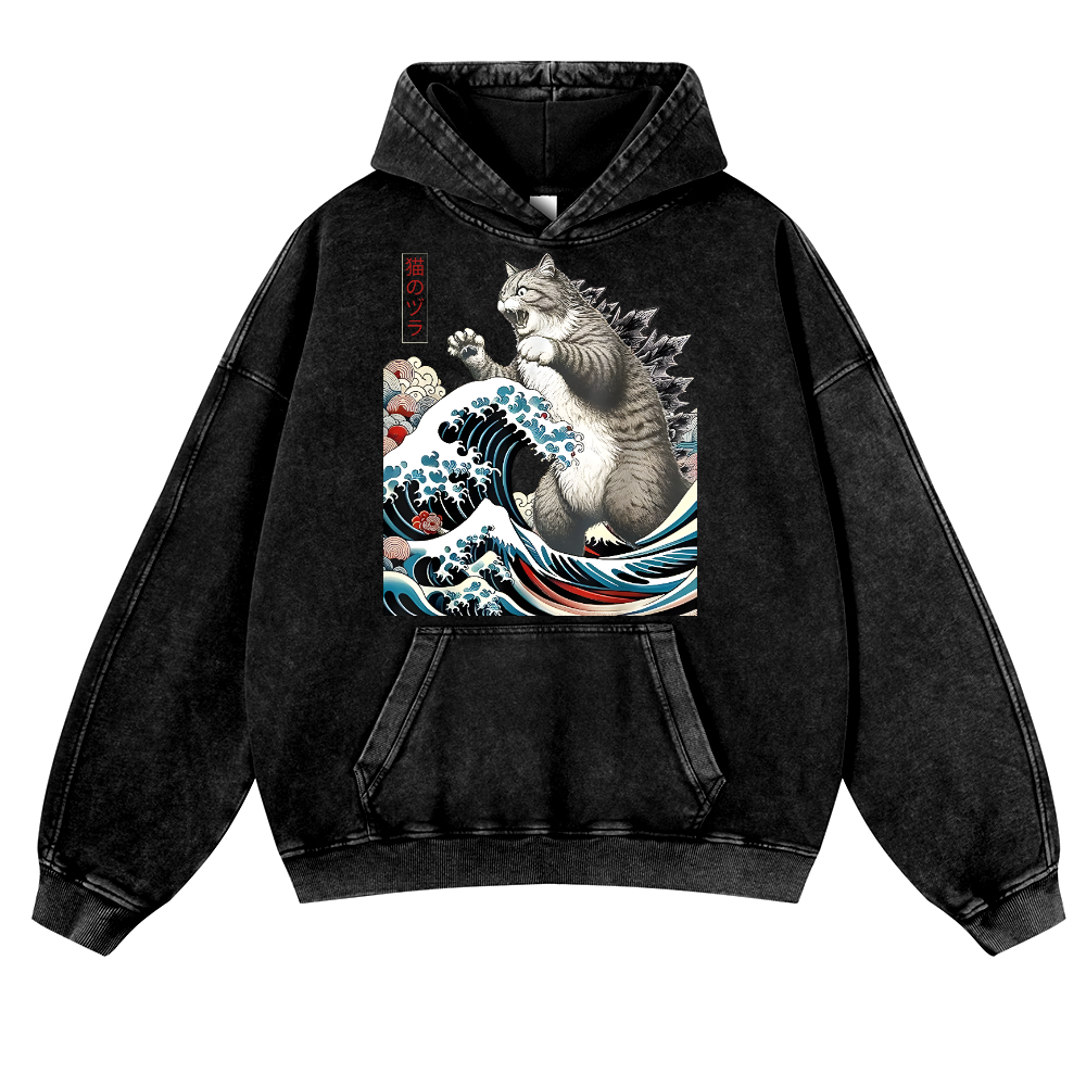 Cat Godzilla Ukiyoe Great Wave Vintage Washed Thick Cotton Hoodie