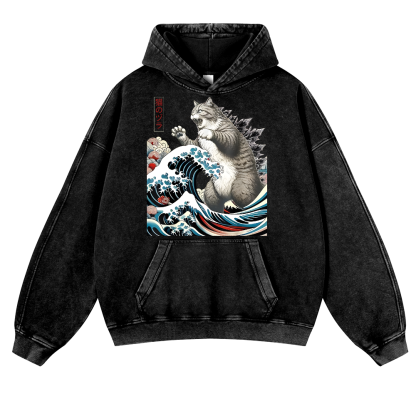 Cat Godzilla Ukiyoe Great Wave Vintage Washed Thick Cotton Hoodie