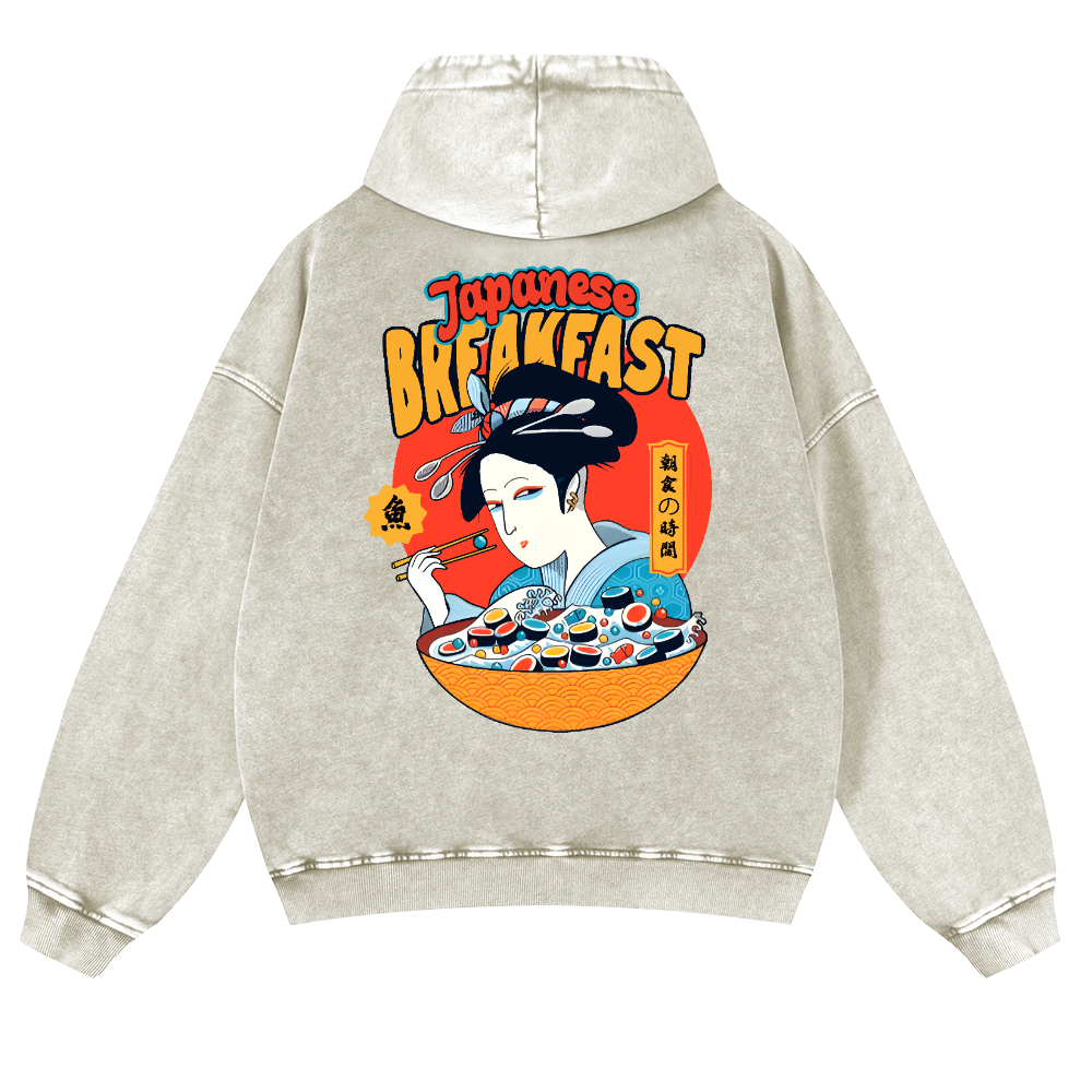 Geisha Fish Sushi Vintage Washed Cotton Back Art Hoodie
