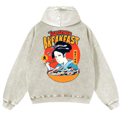 Geisha Fish Sushi Vintage Washed Cotton Back Art Hoodie