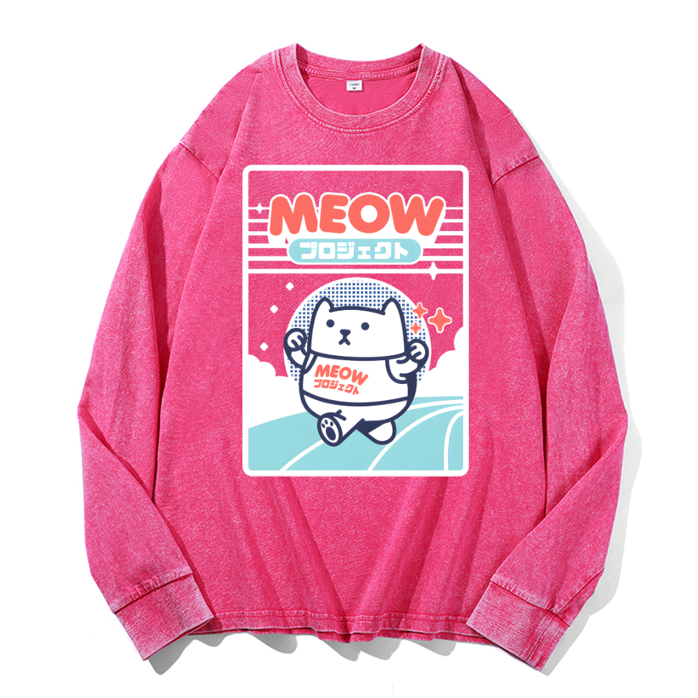 Meow Cat Vintage Cotton Wash Crewneck Sweatshirt
