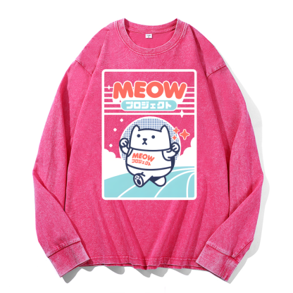 Meow Cat Vintage Cotton Wash Crewneck Sweatshirt