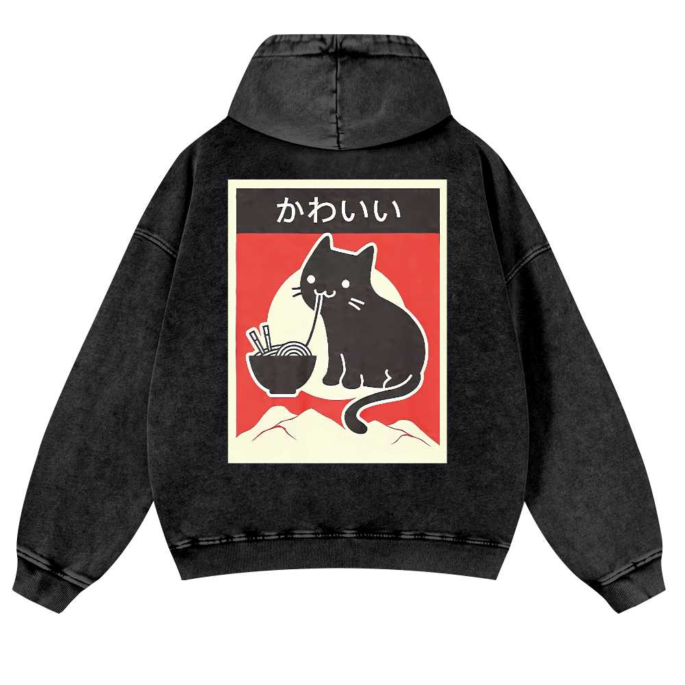 Ramen Cat Vintage Washed Cotton Back Art Hoodie