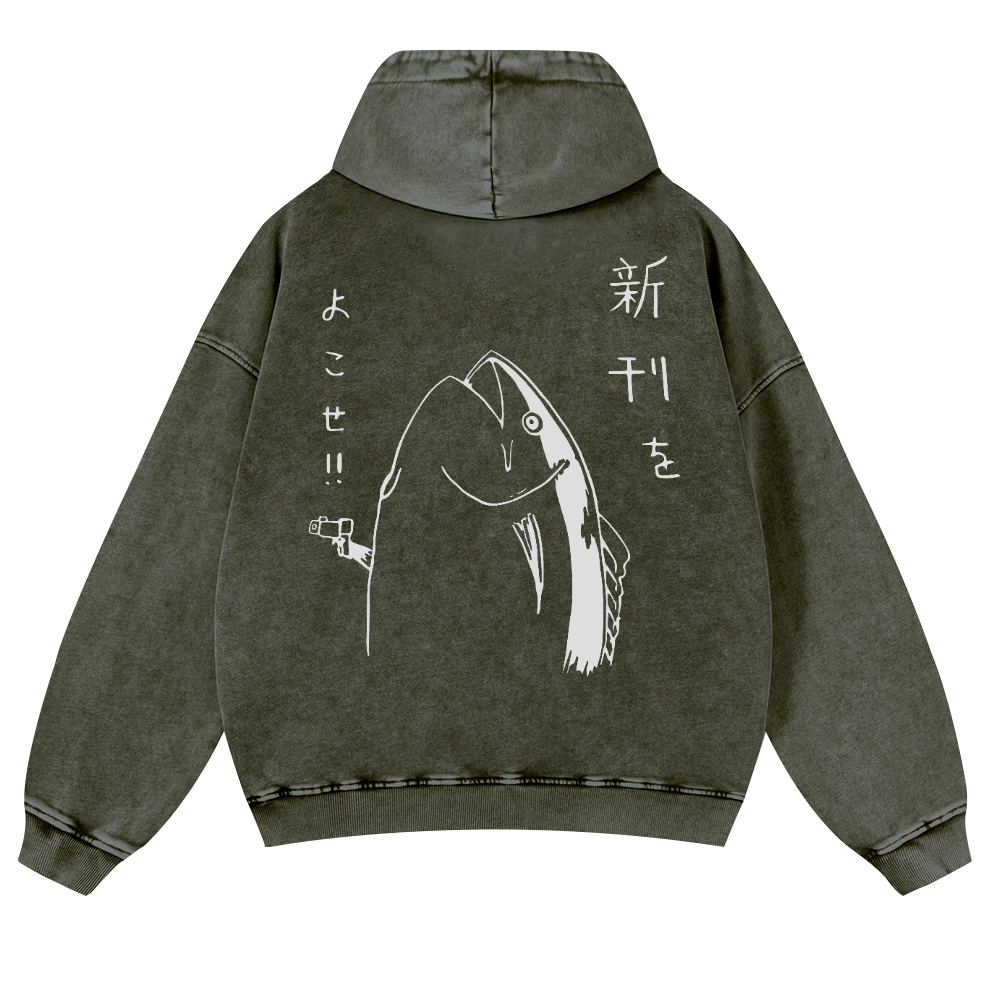 Fish Vintage Washed Cotton Back Art Hoodie