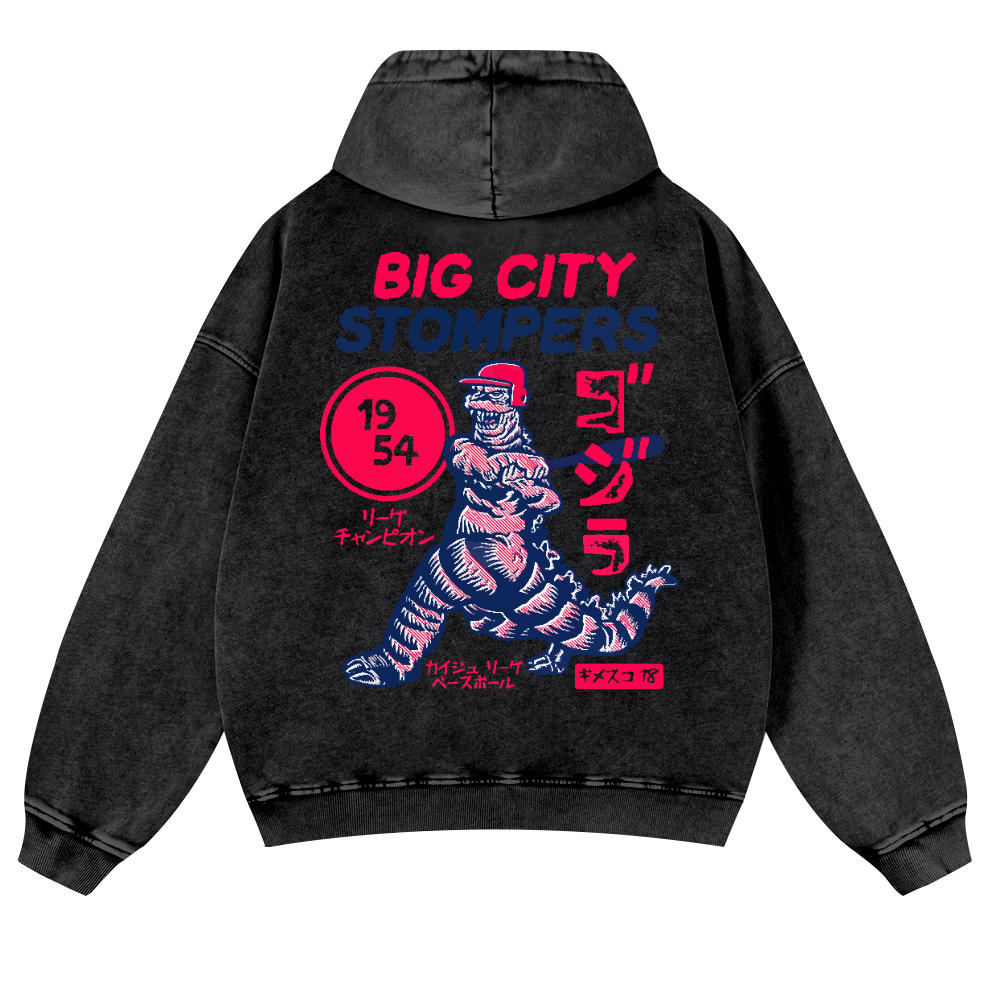 Baseball Godzilla Vintage Washed Cotton Back Art Hoodie