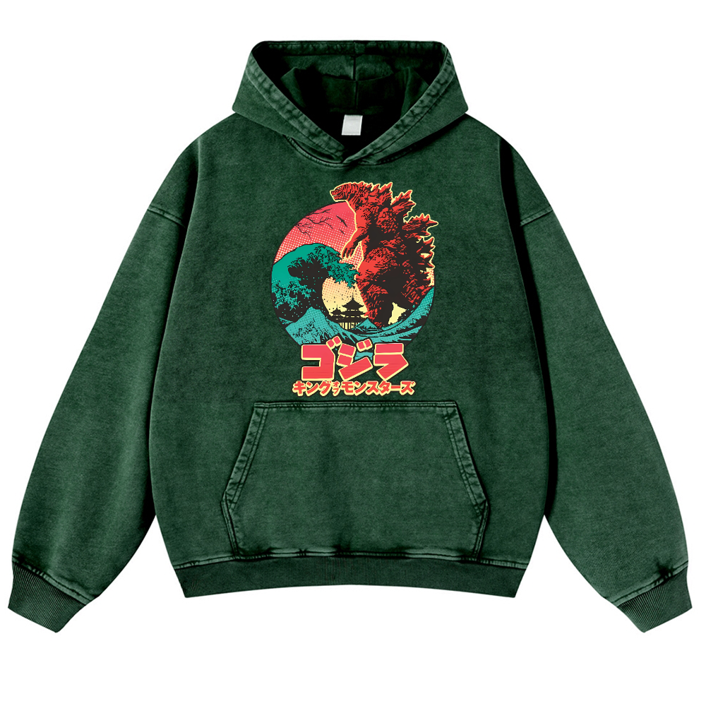 Godzilla Wave Vintage Washed Thick Cotton Hoodie