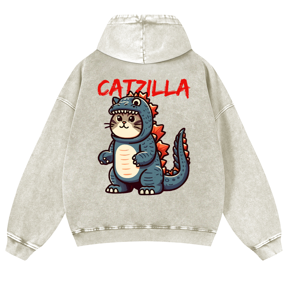 Cat Godzilla Catzilla Vintage Washed Cotton Back Art Hoodie