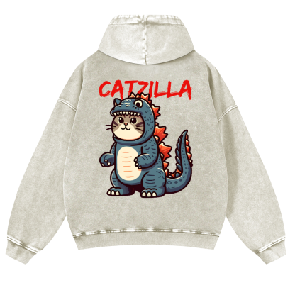 Cat Godzilla Catzilla Vintage Washed Cotton Back Art Hoodie
