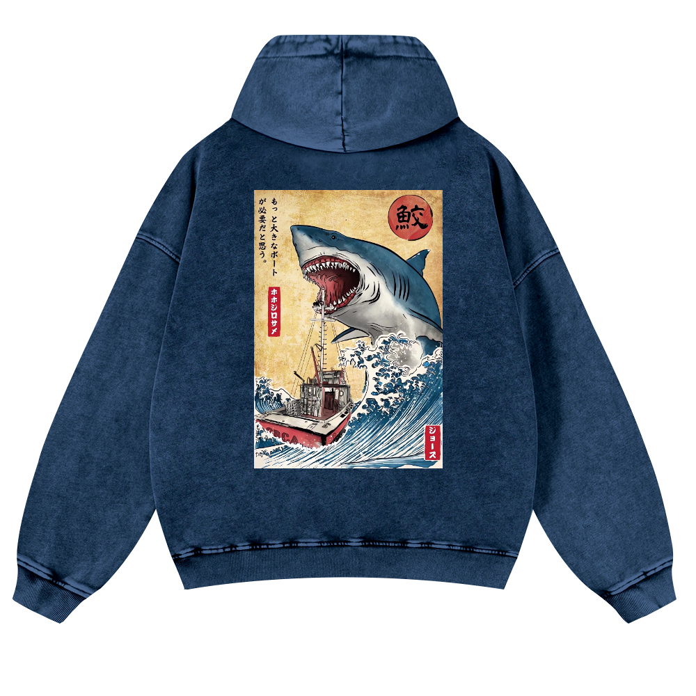 Shark Ukiyoe Vintage Washed Cotton Back Art Hoodie