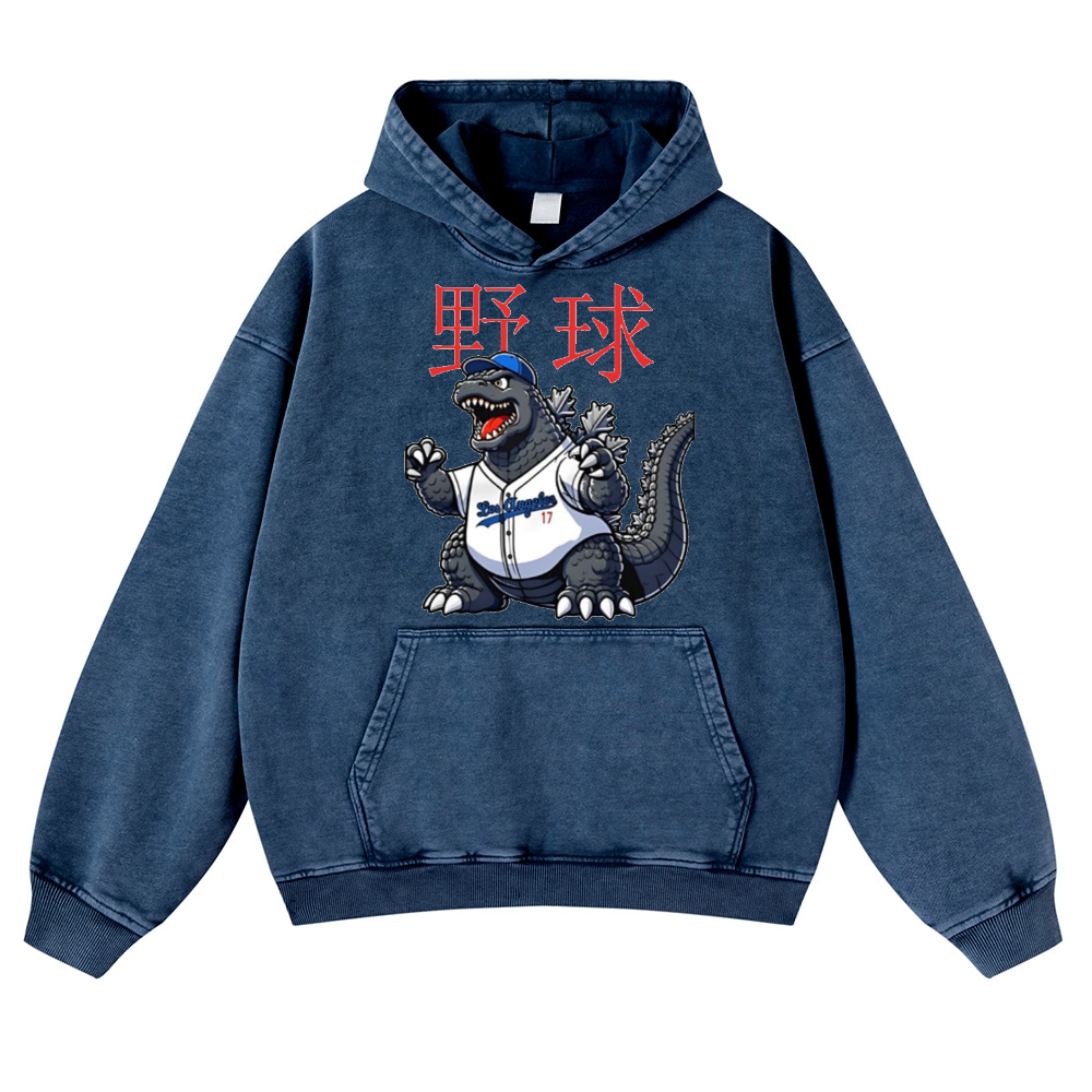 Godzilla's Baseball Adventure Vintage Washed Thick Cotton Hoodie