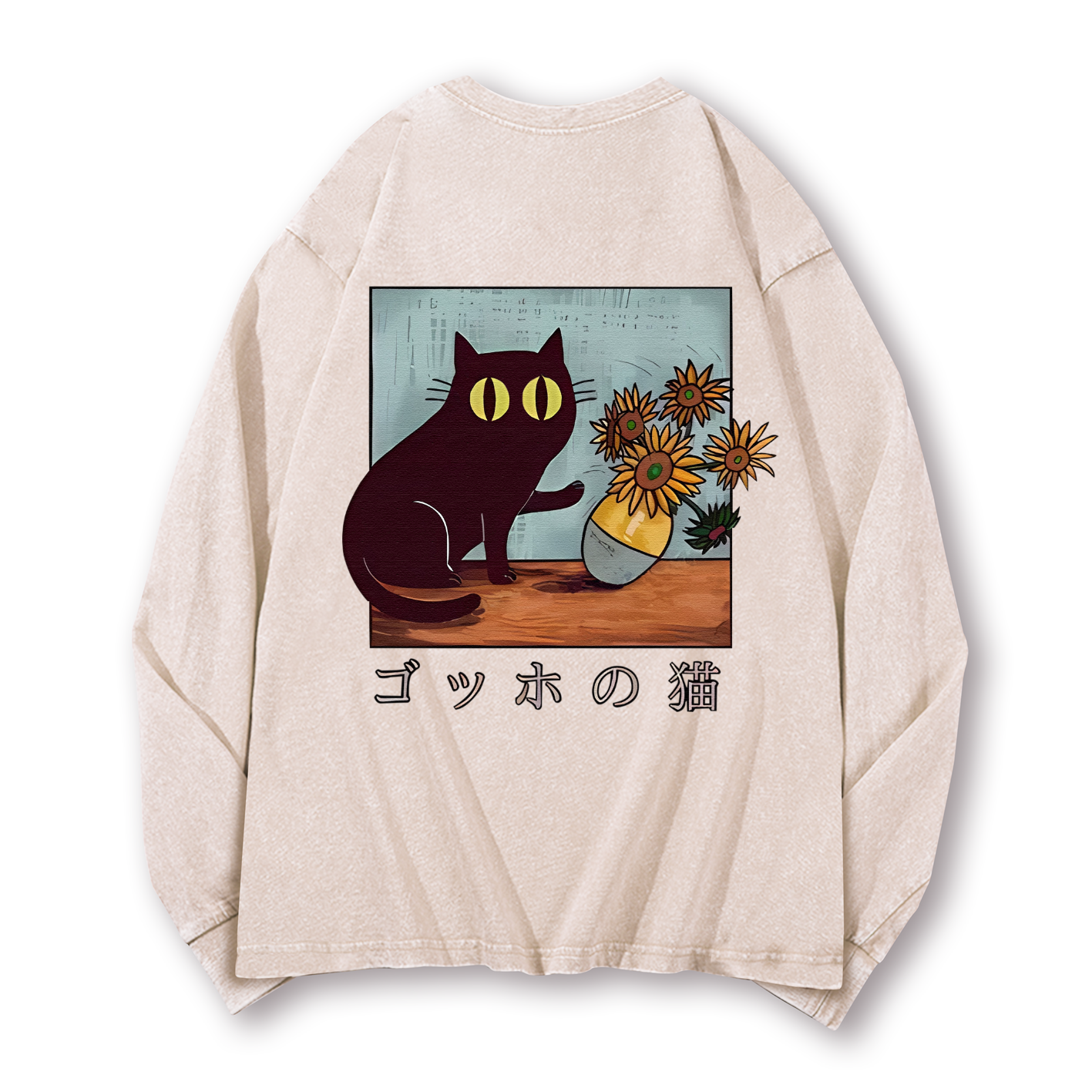 Cat Vintage Washed Cotton Back Art Long-sleeve T-shirt