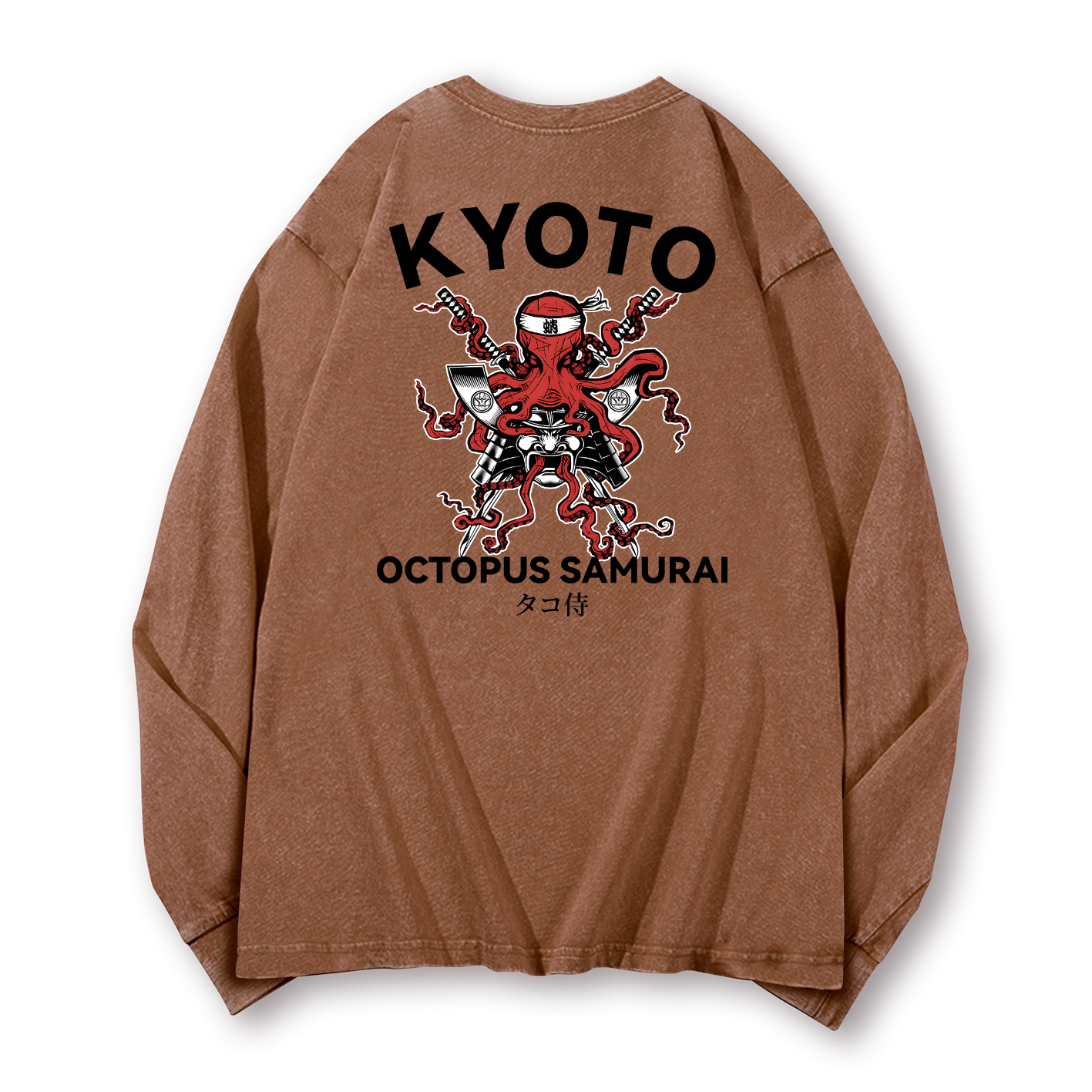 Kyoto Octopus Samurai Vintage Washed Cotton Back Art Long-sleeve T-shirt