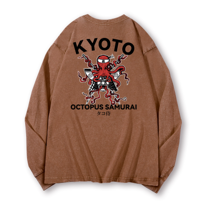 Kyoto Octopus Samurai Vintage Washed Cotton Back Art Long-sleeve T-shirt