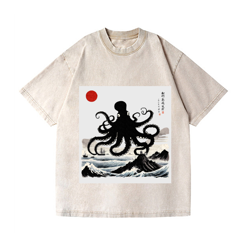 The Giant Octopus in the Sea Vintage Wash Japanese Design T-Shirt