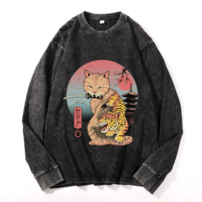 Cat Vintage Cotton Wash Crewneck Long-Sleeve T-Shirt