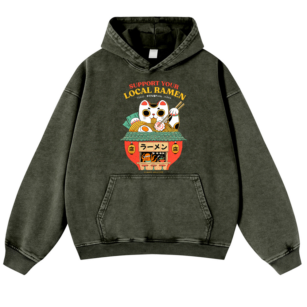 Lucky Cat Vintage Washed Thick Cotton Hoodie