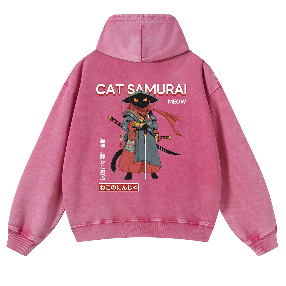 Cat Samurai Vintage Washed Cotton Back Art Hoodie