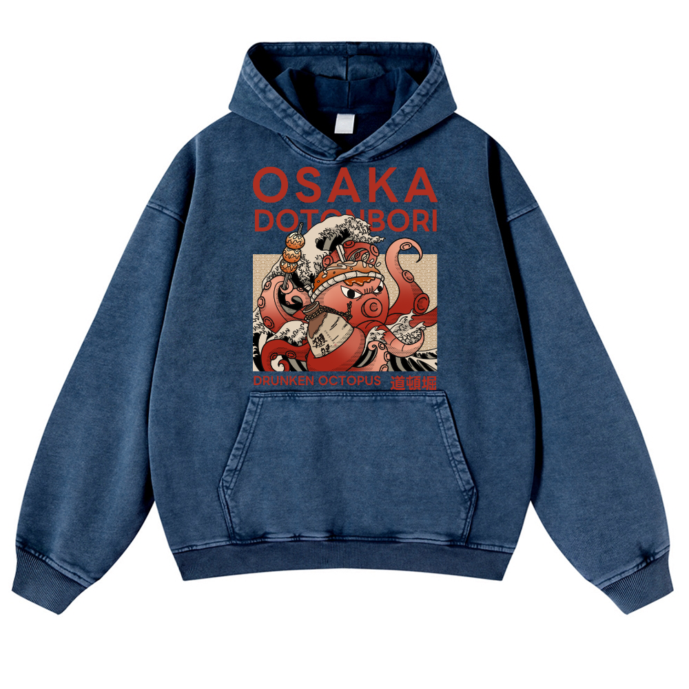 Osaka Dotonbori Drunken Octopus Vintage Washed Thick Cotton Hoodie